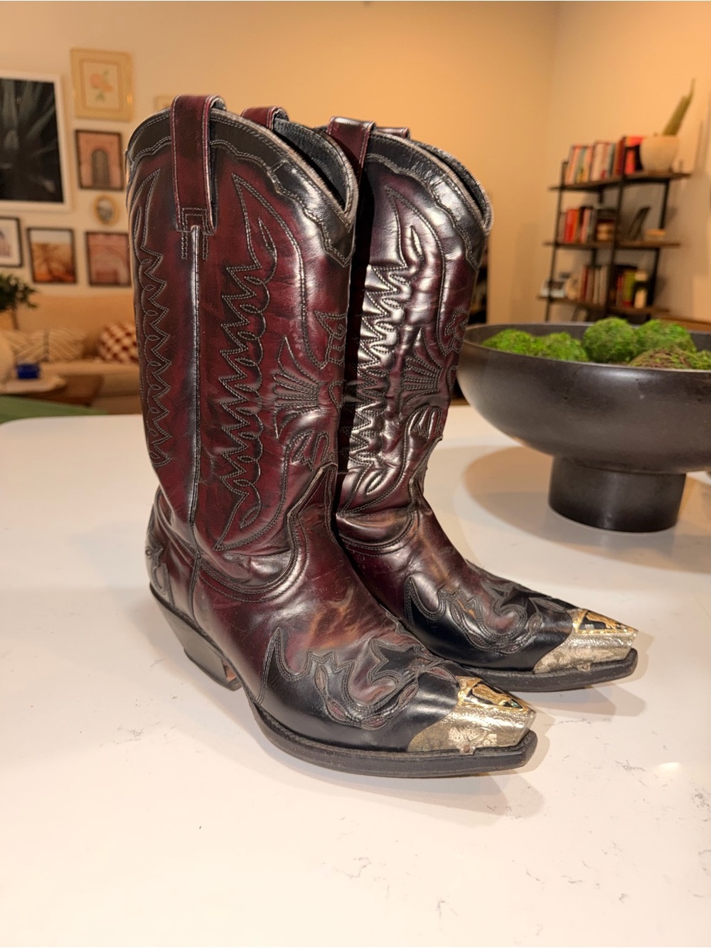 Women's Burgundy and Black Western Heeled Boots with Metal Toe Caps